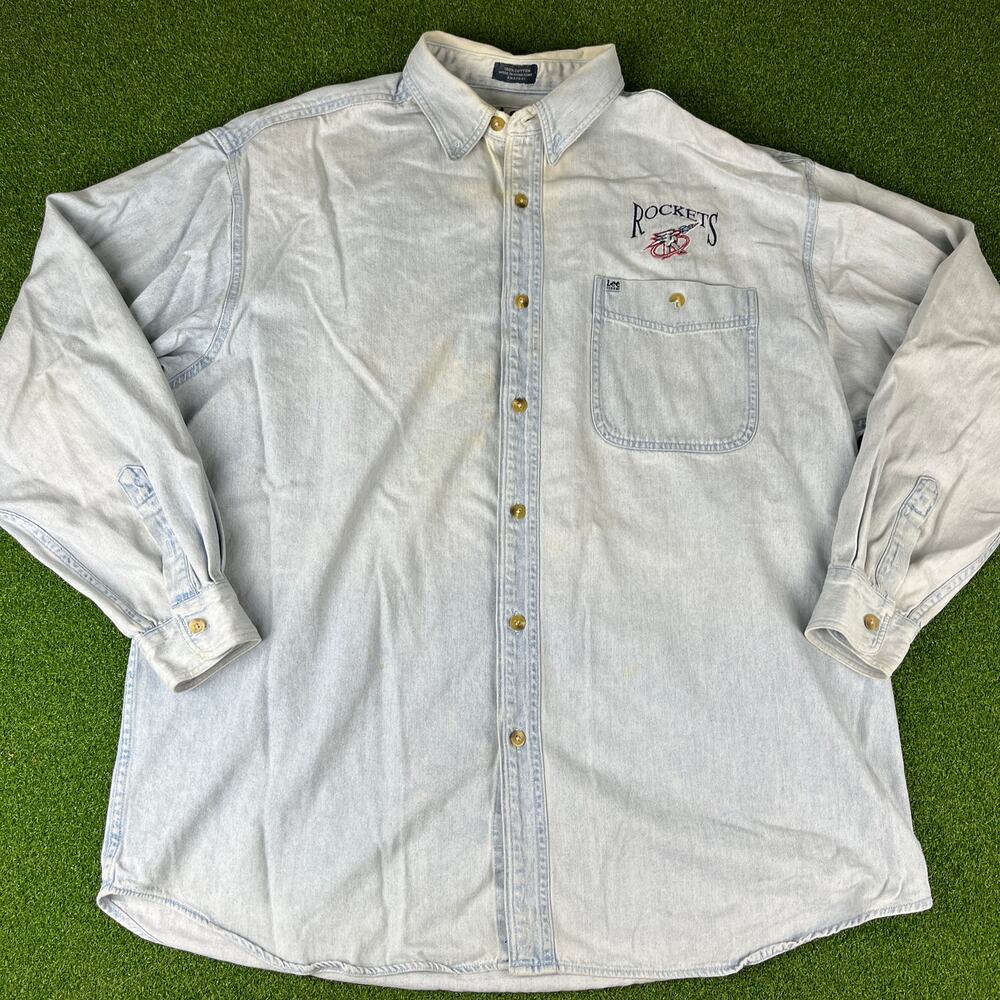 Vintage Lee Sport Light Wash Denim Houston Rockets Button Up Shirt Sz XL